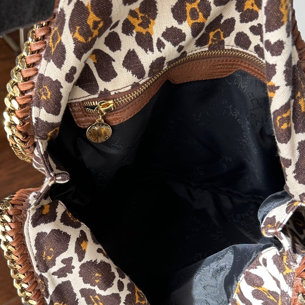 Stella McCartney - Brown Yellow Leopard Print on Cream Canvas Bag & Gold Chain - Picture 8 of 17
